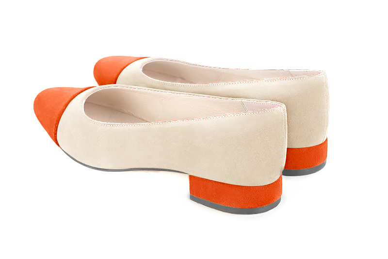 Clementine orange and champagne beige women's ballet pumps, with low heels. Round toe. Flat block heels. Rear view - Florence KOOIJMAN